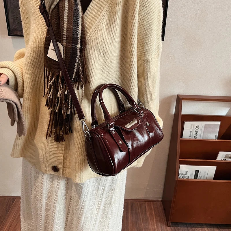 Burgundy Mini Top-handle Bags For Women Bright PU Leather Pure Color Shoulder Crossbody Bags 2024 Latest Luxury Designer Handbag