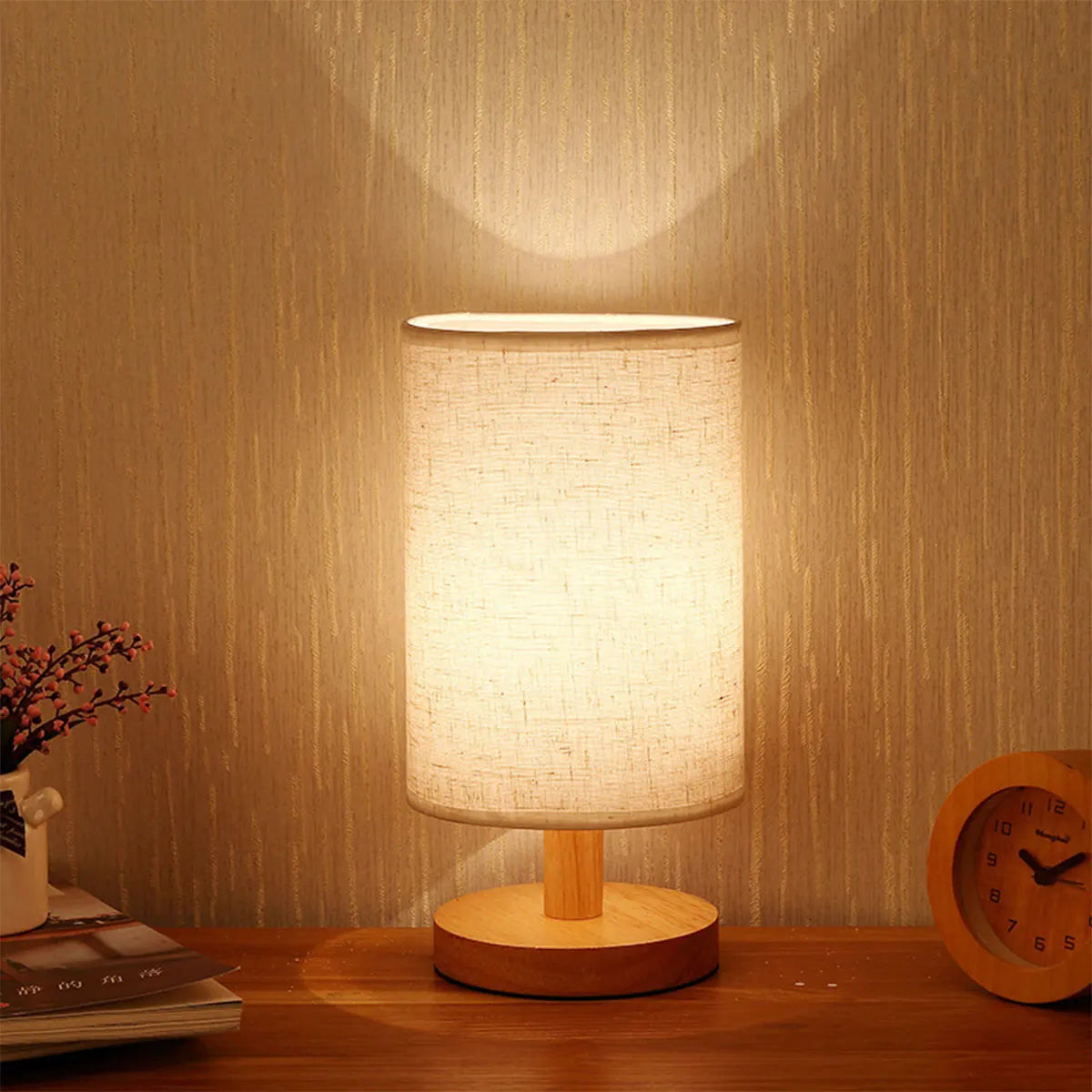 USB Wooden Bedside Lamp – Cylinder Shade Night Light for Bedroom