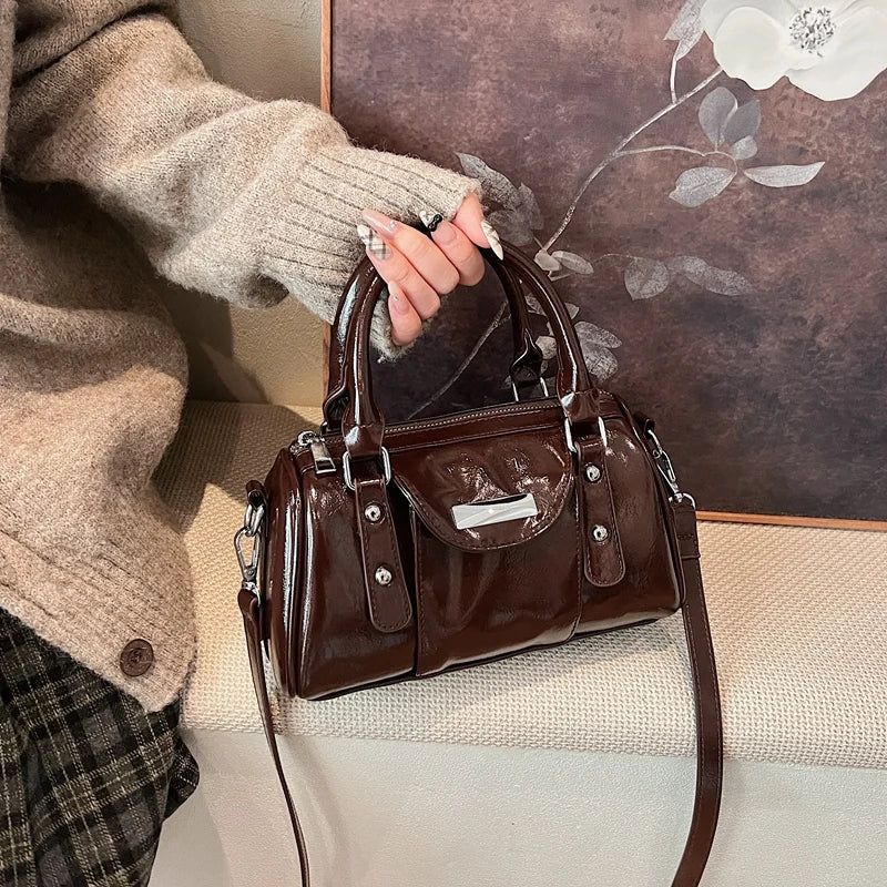 Burgundy Mini Top-handle Bags For Women Bright PU Leather Pure Color Shoulder Crossbody Bags 2024 Latest Luxury Designer Handbag
