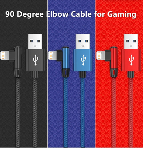 90 Degree Elbow Fast Charging USB Cable for iPhone 13 14 Pro Max 11 12 mini X XR XS 6S 7 8 Plus No-Blocking Gaming Charger Cable