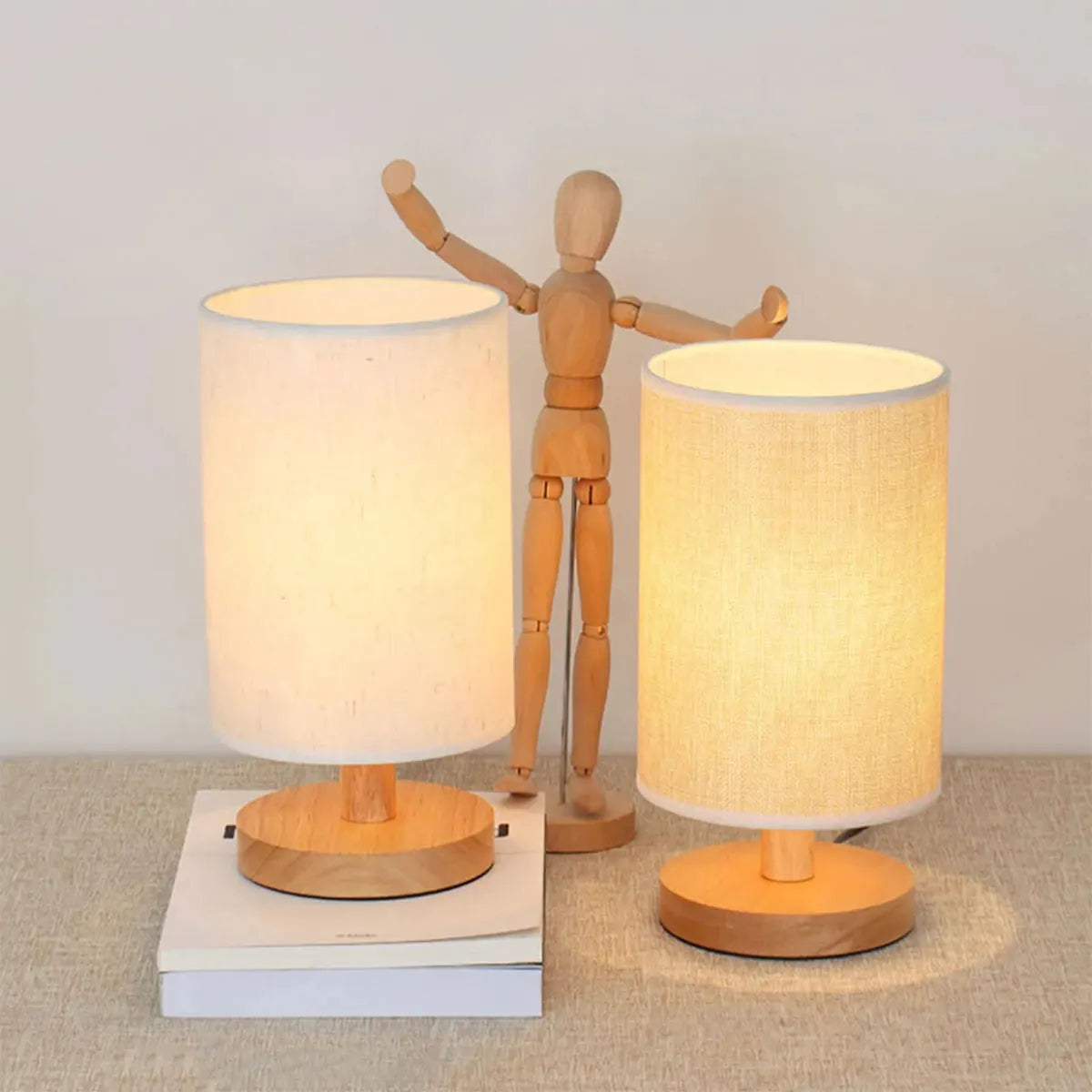USB Wooden Bedside Lamp – Cylinder Shade Night Light for Bedroom