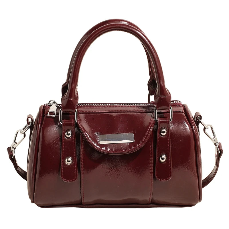 Burgundy Mini Top-handle Bags For Women Bright PU Leather Pure Color Shoulder Crossbody Bags 2024 Latest Luxury Designer Handbag