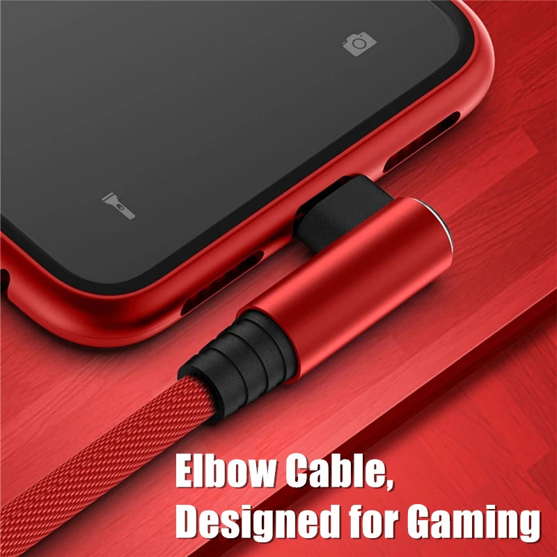 90 Degree Elbow Fast Charging USB Cable for iPhone 13 14 Pro Max 11 12 mini X XR XS 6S 7 8 Plus No-Blocking Gaming Charger Cable