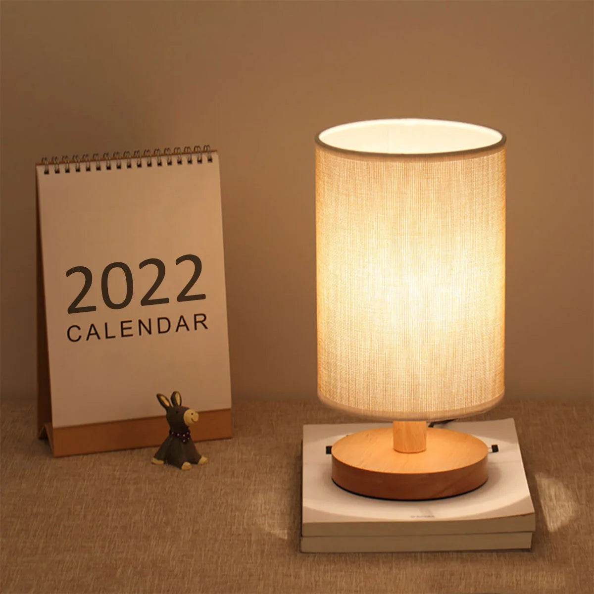 USB Wooden Bedside Lamp – Cylinder Shade Night Light for Bedroom