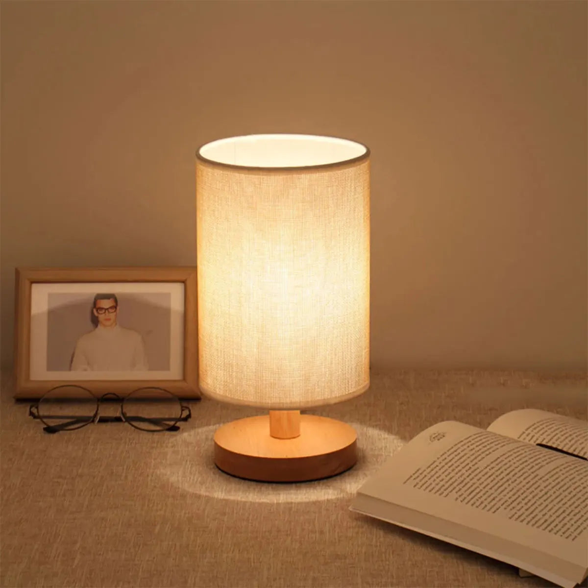 USB Wooden Bedside Lamp – Cylinder Shade Night Light for Bedroom