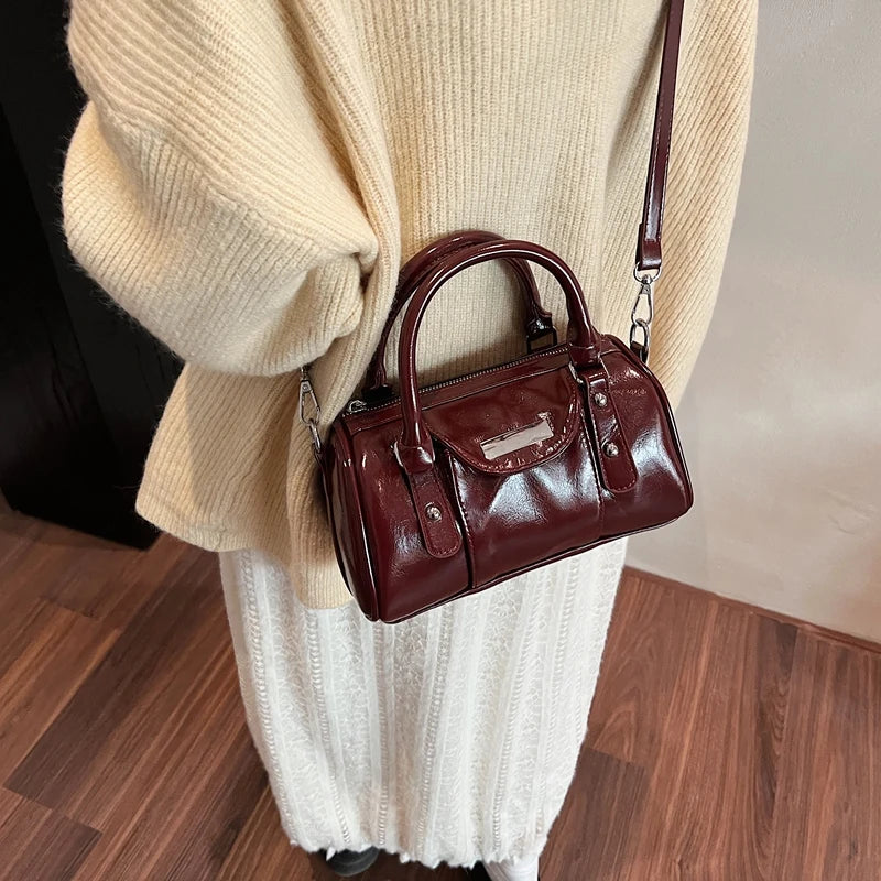 Burgundy Mini Top-handle Bags For Women Bright PU Leather Pure Color Shoulder Crossbody Bags 2024 Latest Luxury Designer Handbag